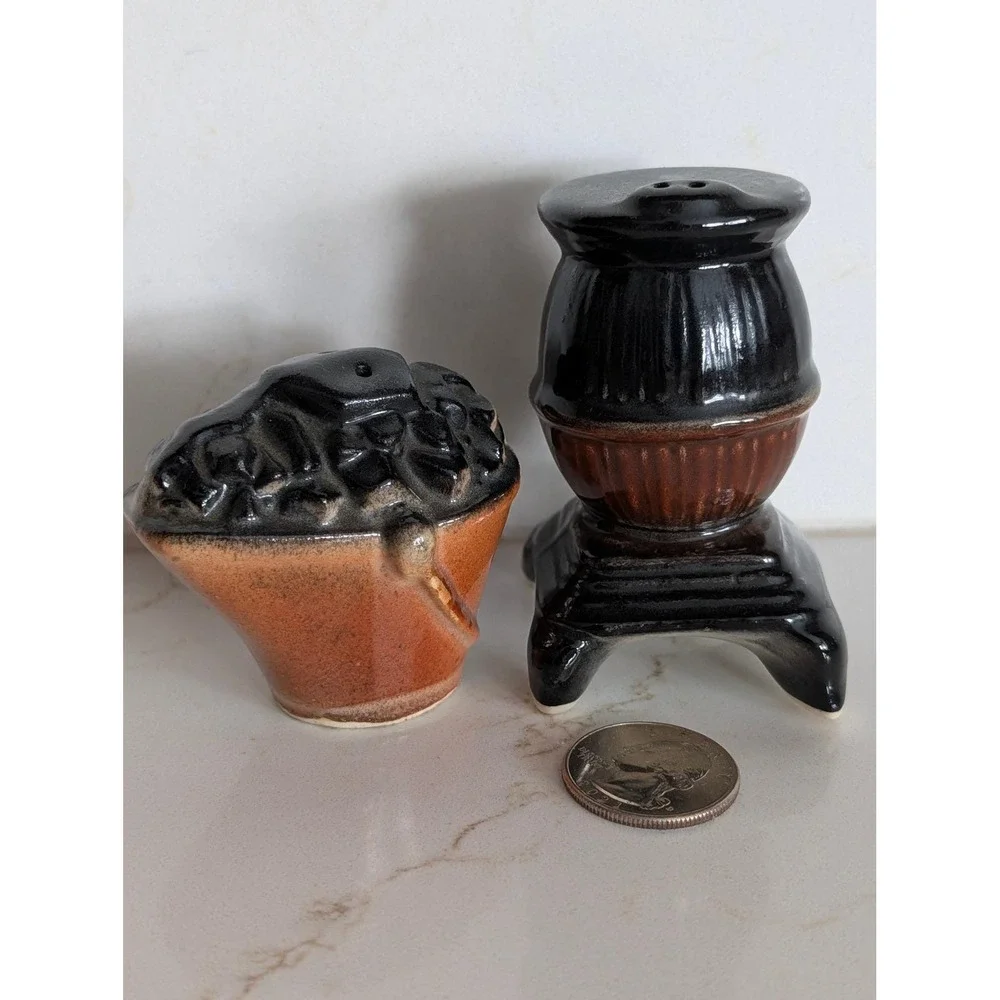 Vintage Potbelly Stove and Coal Bucket Ceramic Salt and Pepper Shakers Set